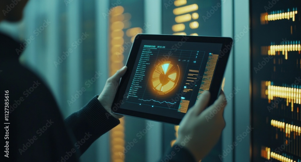 Poster A person analyzes data on a tablet in a high-tech environment with glowing screens.