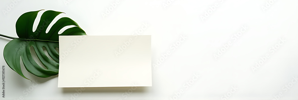 Poster beautiful monstera leaves are photographed above a simple paper card on a clean and minimalist white