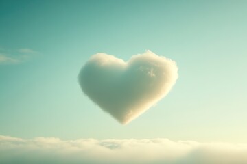 Fototapeta premium white heart cloud suspended over peaceful sky gradient of pale blue and white filling frame open horizontal space for