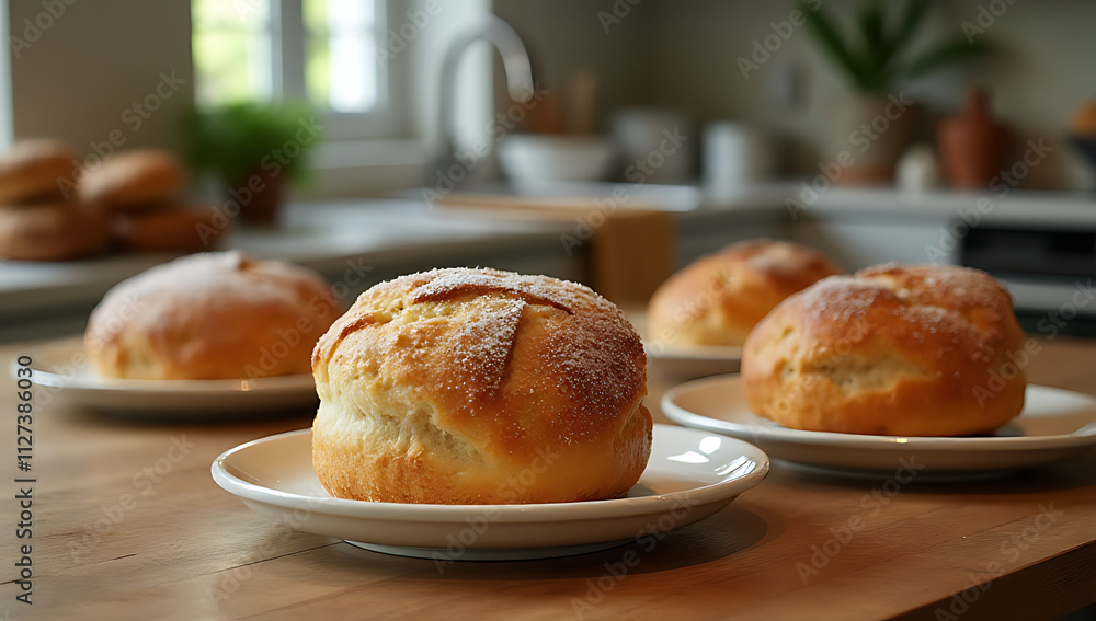 Poster bakery items including cake are often set out on tables in kitchens for a breakfast setting or displ