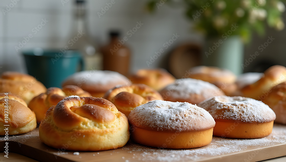 Poster bakery items including cake are often set out on tables in kitchens for a breakfast setting or displ
