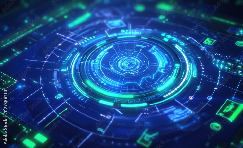 Poster Futuristic digital interface with glowing elements and circular patterns.