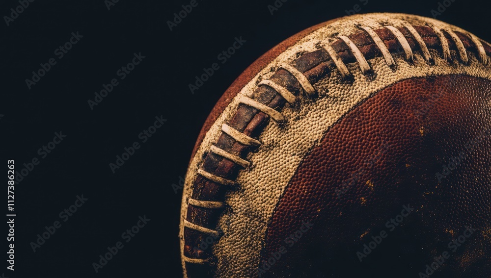 Poster a close-up of a worn baseball, highlighting its texture and stitching against a dark background.
