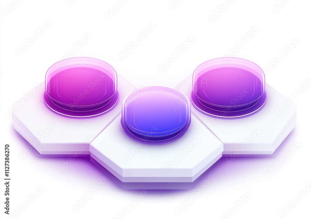 Fototapete Three hexagonal buttons with gradient colors, designed for interactive interfaces.