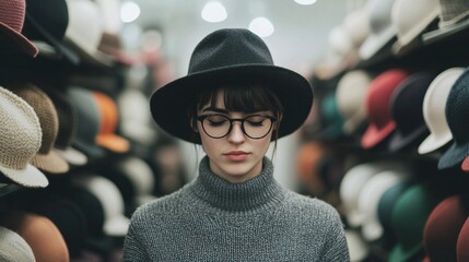 Woman in Black Hat Grey Sweater Glasses Amidst Hats