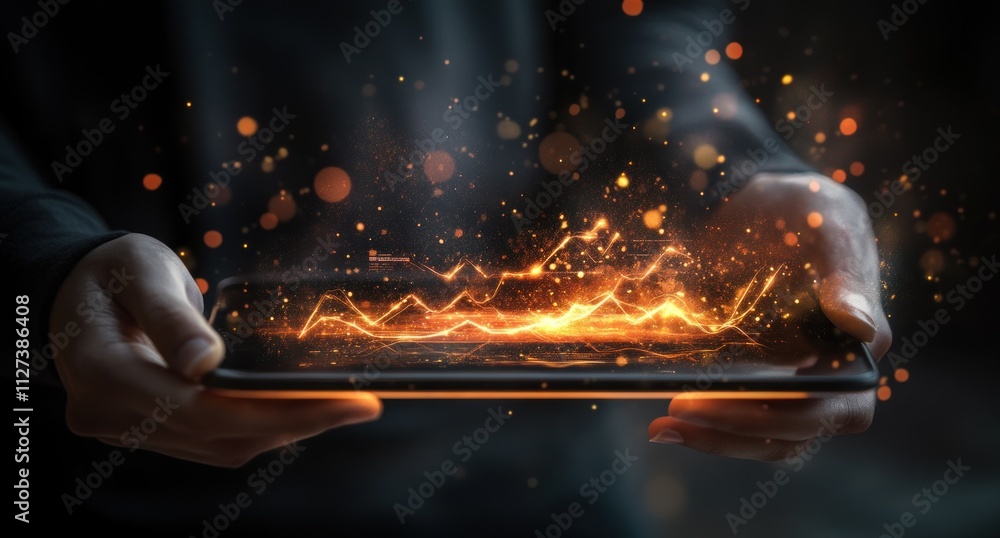 Poster A person holds a tablet displaying dynamic, fiery visual effects, suggesting technology and innovation.