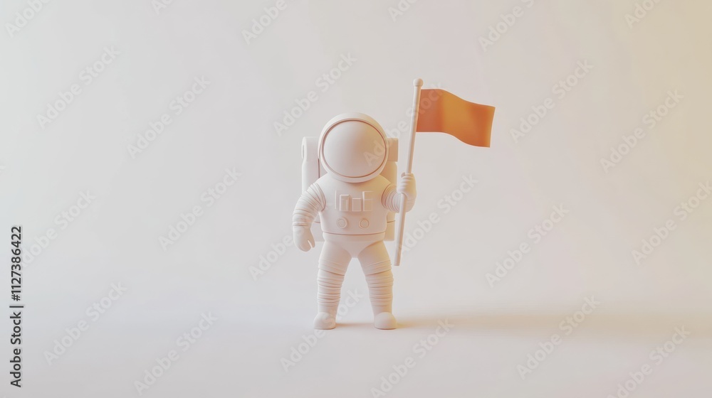 Poster A stylized astronaut figure holding an orange flag against a soft gradient background.