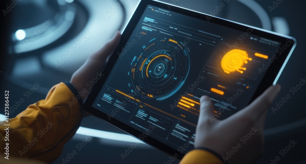 Aufkleber A person interacts with a futuristic tablet displaying complex data and graphics.