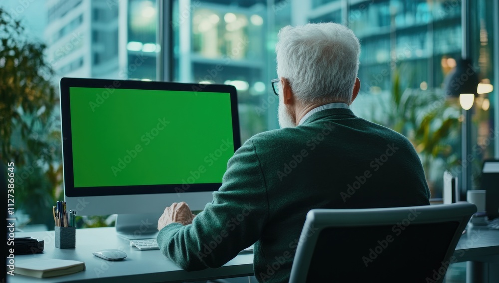 Aufkleber An elderly man working at a computer with a green screen in a modern office setting.