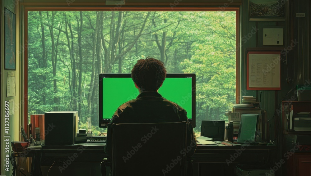 Aufkleber a person sits at a desk in front of a green screen, framed by a forest view outside.