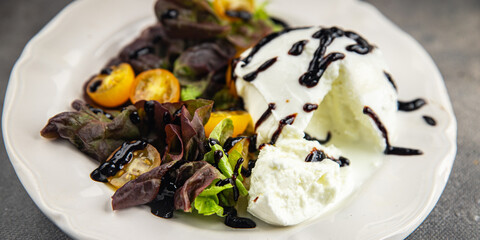 burrata salad fresh tasty food dish Delicious gourmet food background on the table rustic food top view copy space keto and paleo diet Vegetarian and vegan food