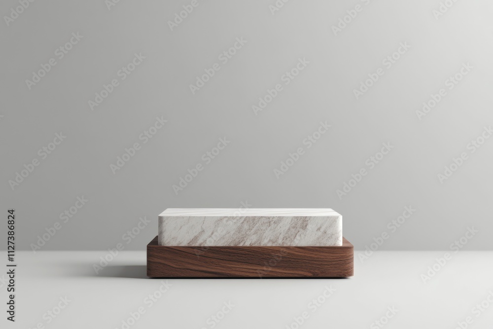 Poster A minimalist display featuring a marble block on a wooden base against a simple background.