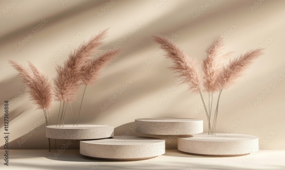 Poster A serene display featuring soft pampas grass on textured circular pedestals against a warm backdrop.