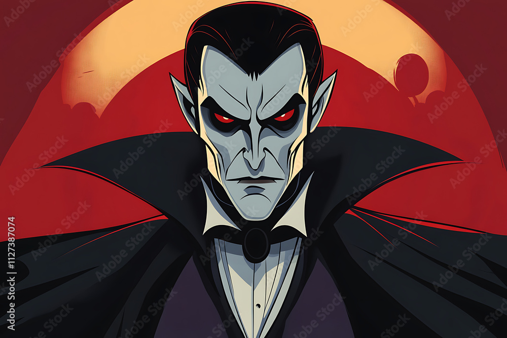 Poster a stylized vampire character with a menacing expression against a red background.