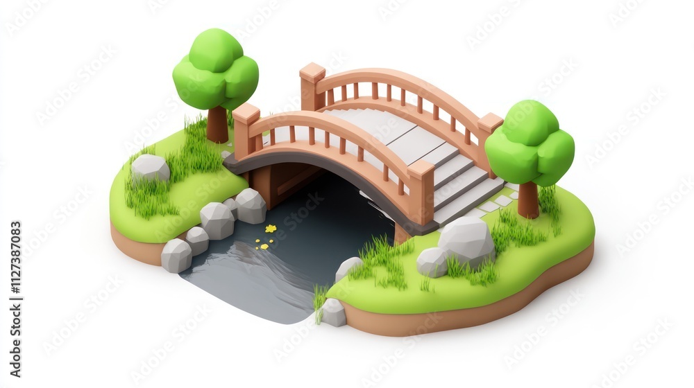 Poster a serene bridge over a calm stream, surrounded by lush greenery and rocks.