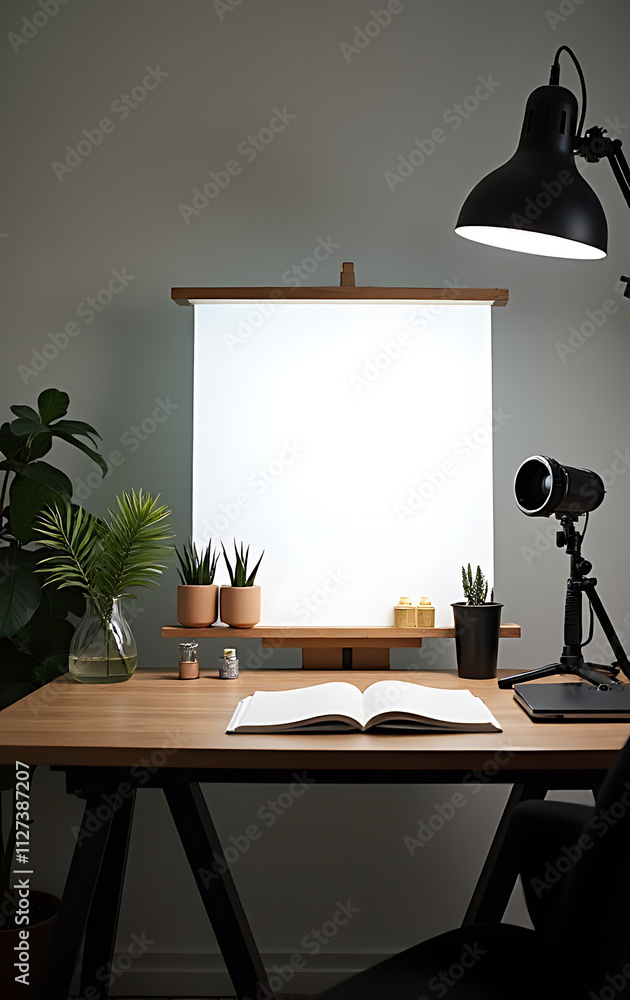 Poster a worktable is set up with a cinema light box and various accessories against a plain business flat 