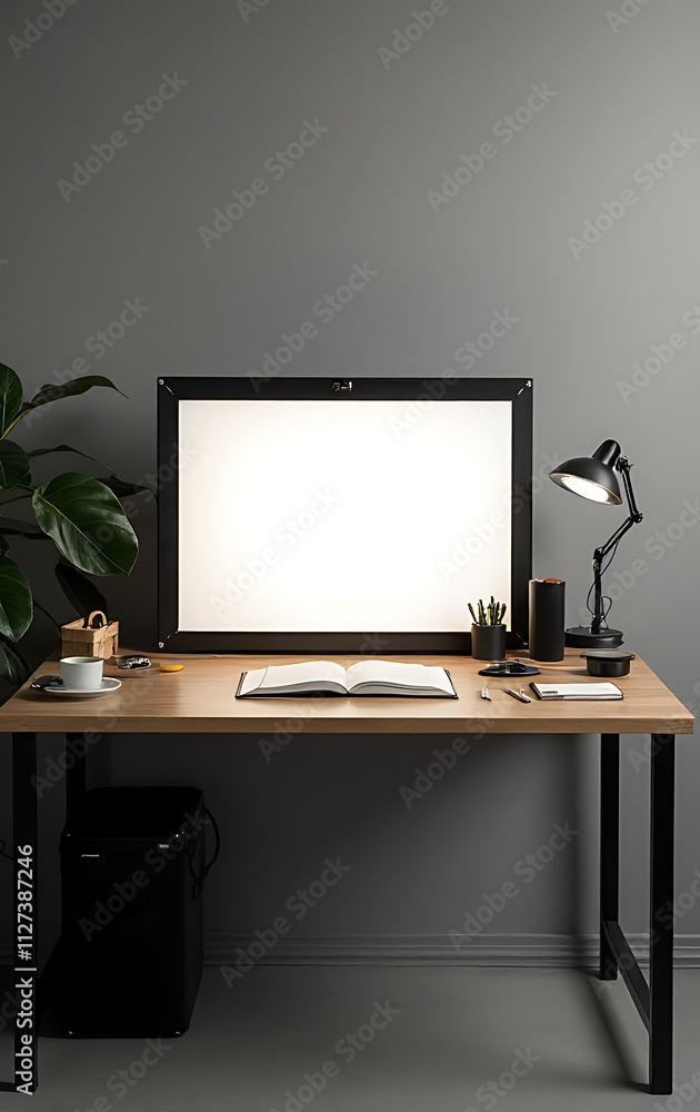 Poster a worktable is set up with a cinema light box and various accessories against a plain business flat 