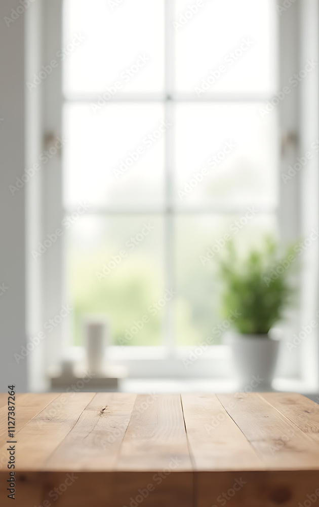 Poster A wooden tabletop is in sharp focus, contrasting with a blurred white wall behind it through a large window._00003_