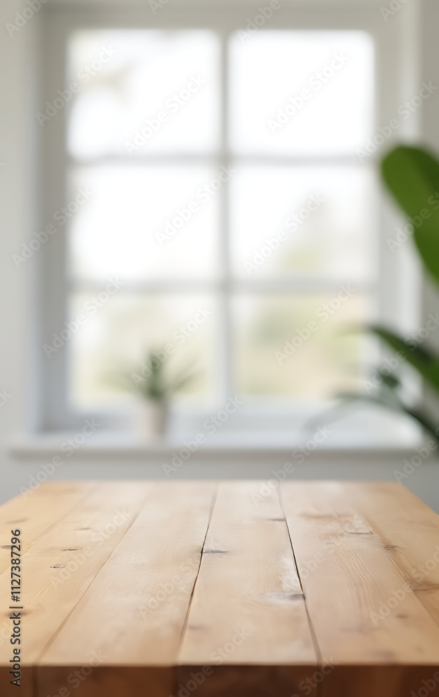 Poster A wooden tabletop is in sharp focus, contrasting with a blurred white wall behind it through a large window._00001_