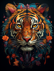 Stylish T-shirt print featuring a geometric tiger with vibrant colors and floral elements