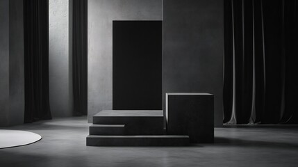 Elegant Monochrome Minimalist Studio with Cubic Volumes and Podium