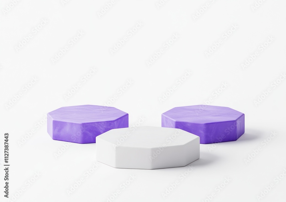 Poster three octagonal shapes in purple and white on a minimalist background.