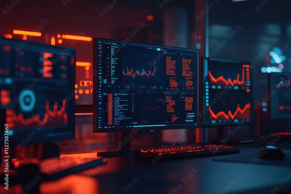 Poster A high-tech workspace with multiple monitors displaying data and analytics in a dark setting.