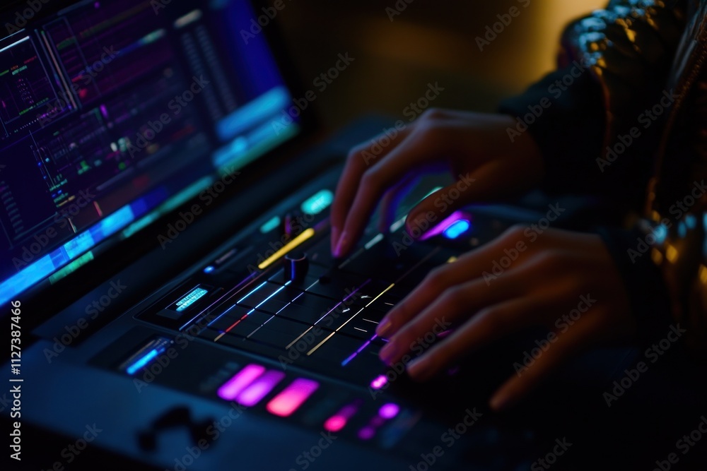Poster A person manipulating a digital music production interface with colorful controls.