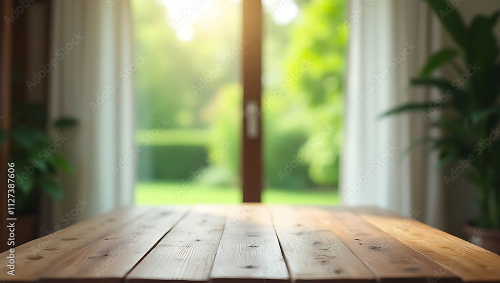 Poster a wooden table sits empty in front of a blurry curtain, offering a glimpse into a lush garden outsid