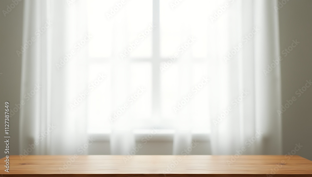 Poster a wooden table sits atop a soft blur of white behind a partially drawn sheer curtain in a window fra