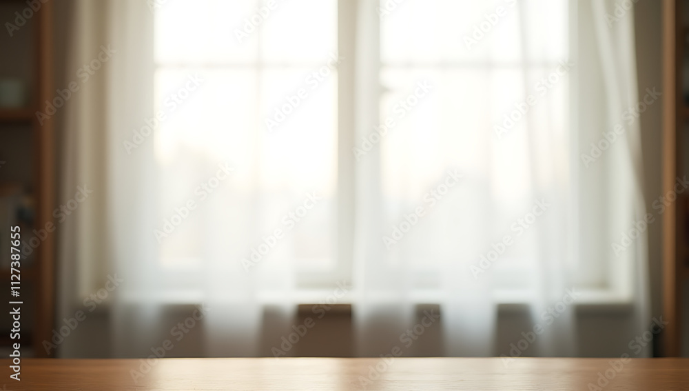 Poster a wooden table sits atop a soft blur of white behind a partially drawn sheer curtain in a window fra