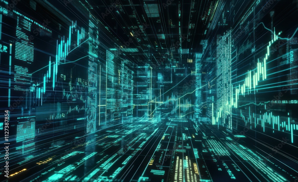 Aufkleber a futuristic digital environment showcasing data flow and financial graphs.