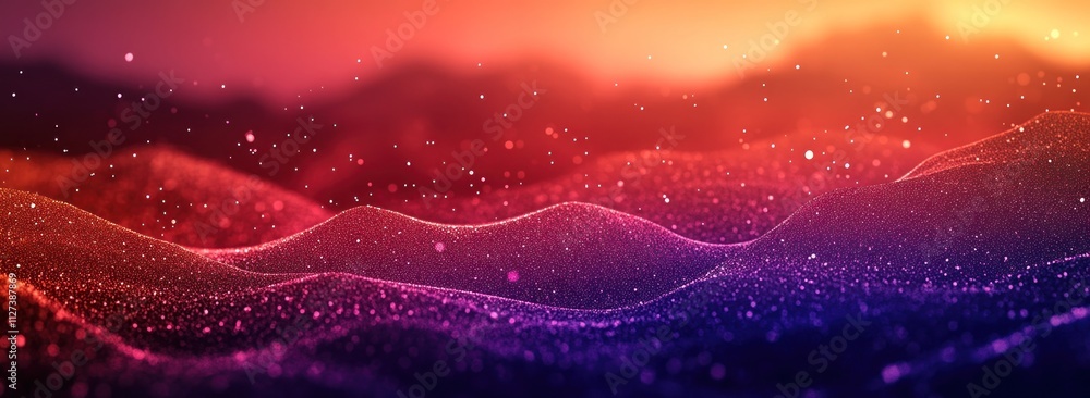 Fototapete abstract landscape with flowing waves of color and sparkling particles.