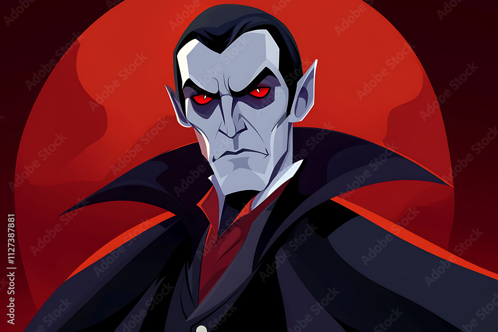 Poster a stylized vampire character with sharp features and a dark cloak against a red background.