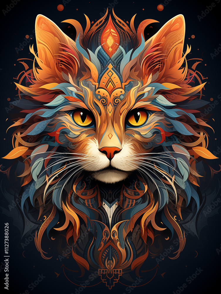 Poster stylish t-shirt print featuring a geometric cat with vibrant colors and intricate patterns