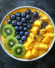 A vibrant smoothie bowl topped with fresh fruits and chia seeds, perfect for a healthy meal.