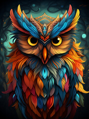 Fototapeta premium Stylish T-shirt print featuring a geometric owl with vibrant colors and intricate feather patterns