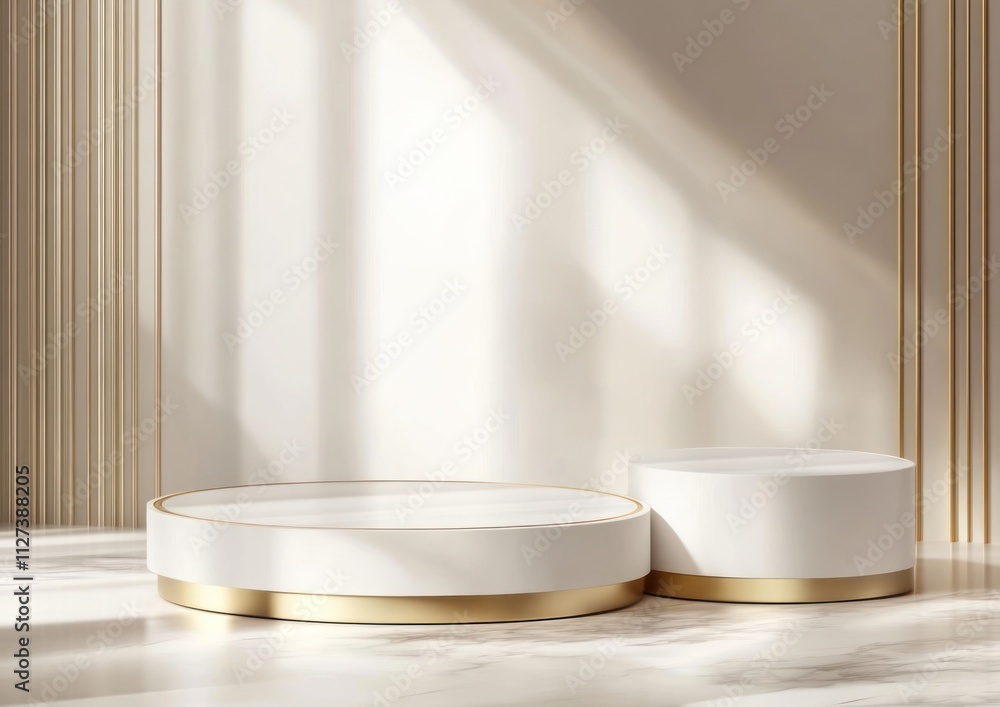 Aufkleber Minimalist display with circular platforms in a softly lit interior.