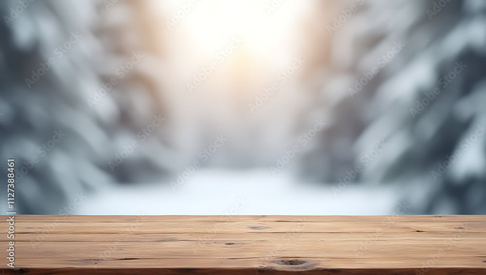 Aufkleber a wood table top with a blurred winter background is ideal for product displays and key visuals in d