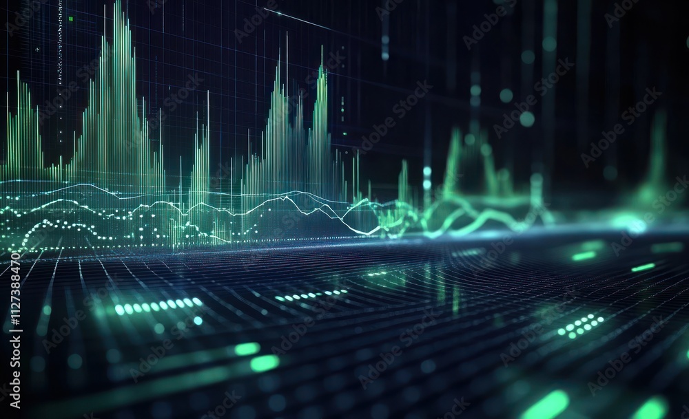 Aufkleber Abstract digital visualization of sound waves and data patterns in a futuristic setting.