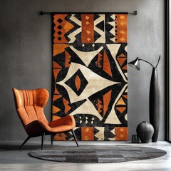 Modern room, tribal tapestry, orange chair, dark decor.