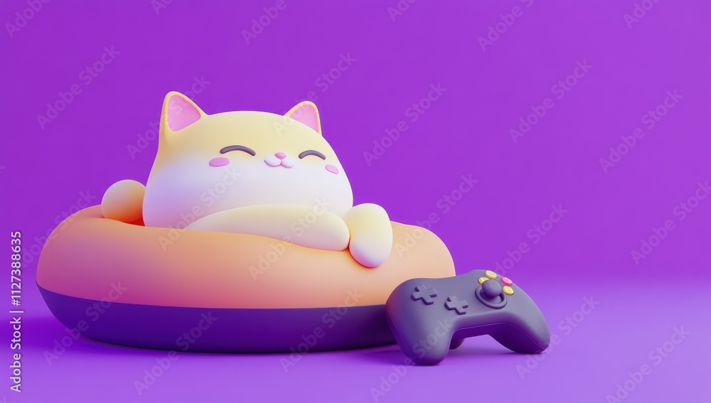 Poster a cute cartoon cat relaxes on a cushion beside a game controller against a vibrant background.