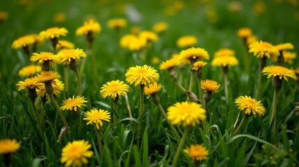 Obraz premium Bright yellow dandelions scattered across a lush green lawn, showcasing their vibrant color and unique shape, ideal for nature photography and gardening projects, emphasizing the beauty of wildflowers