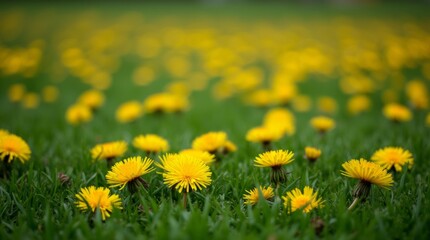 Bright yellow dandelions scattered across a lush green lawn, showcasing their vibrant color and unique shape, ideal for nature photography and gardening projects, emphasizing the beauty of wildflowers