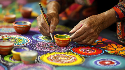Indigenous Australian Dot Painting Creation in a Traditional Cultural Setting Surrounded by Nature