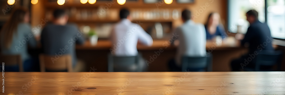 Aufkleber A wood table top is visible with blurred people sitting in a busy cafe background of the wooden bar._00001_