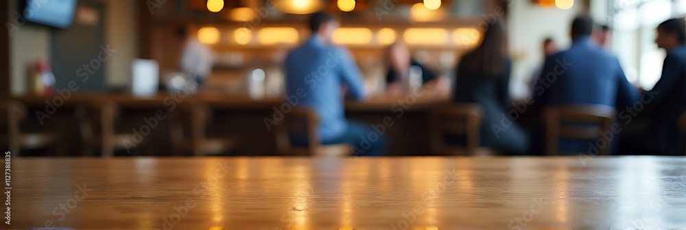 Aufkleber a wood table top is visible with blurred people sitting in a busy cafe background of the wooden bar.