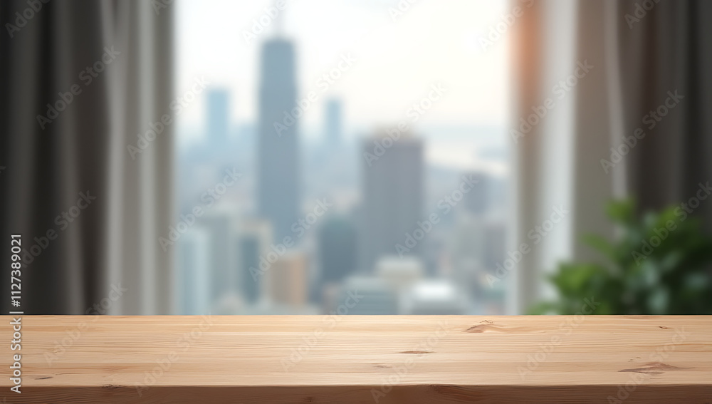 Poster a wood table top is partially obscured by a blurred curtain with a cityscape visible through the win