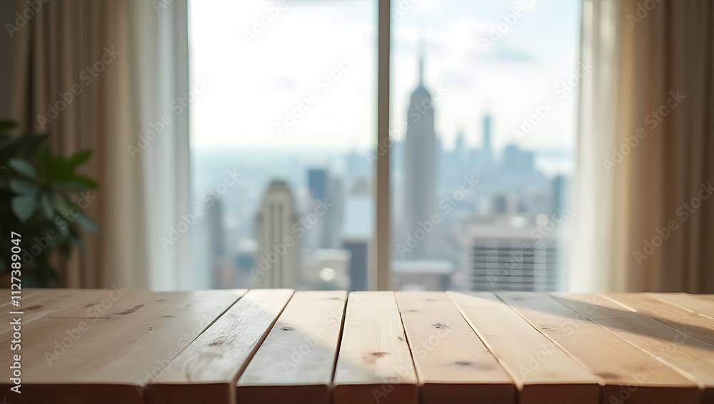 Poster A wood table top is partially obscured by a blurred curtain with a cityscape visible through the window in the background._00002_