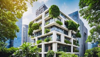 Innovative Modern EcoFriendly Building Architecture A Sustainable Urban Design Integrating Nature with Green Spaces and Tree Canopies for a Harmonious City Environment